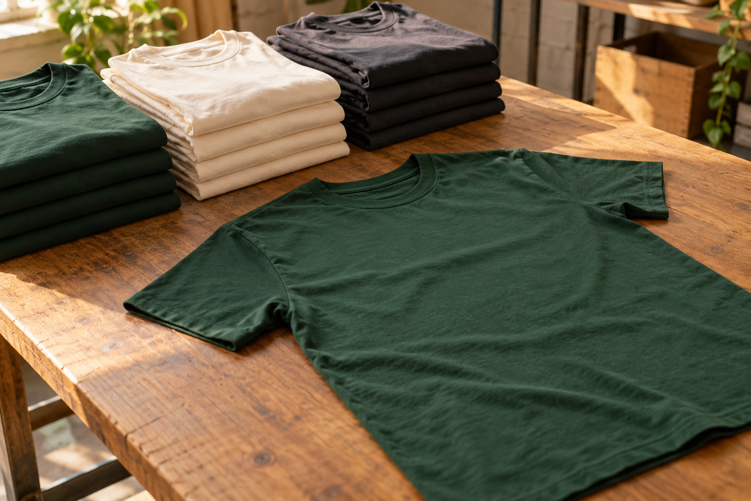 Illustrative arrangement of blank green, cream, and charcoal shirts
